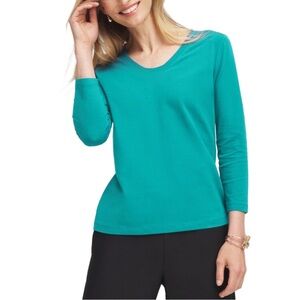 Chico's 3/4 Sleeve Perfect Tee Teal Green Long Sleeve Blouse Crewneck Cotton Top
